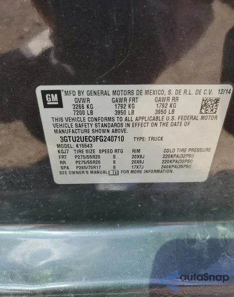 2015 GMC Sierra K1500 Sle from USA, damaged, VIN 3GTU2UEC9FG240710